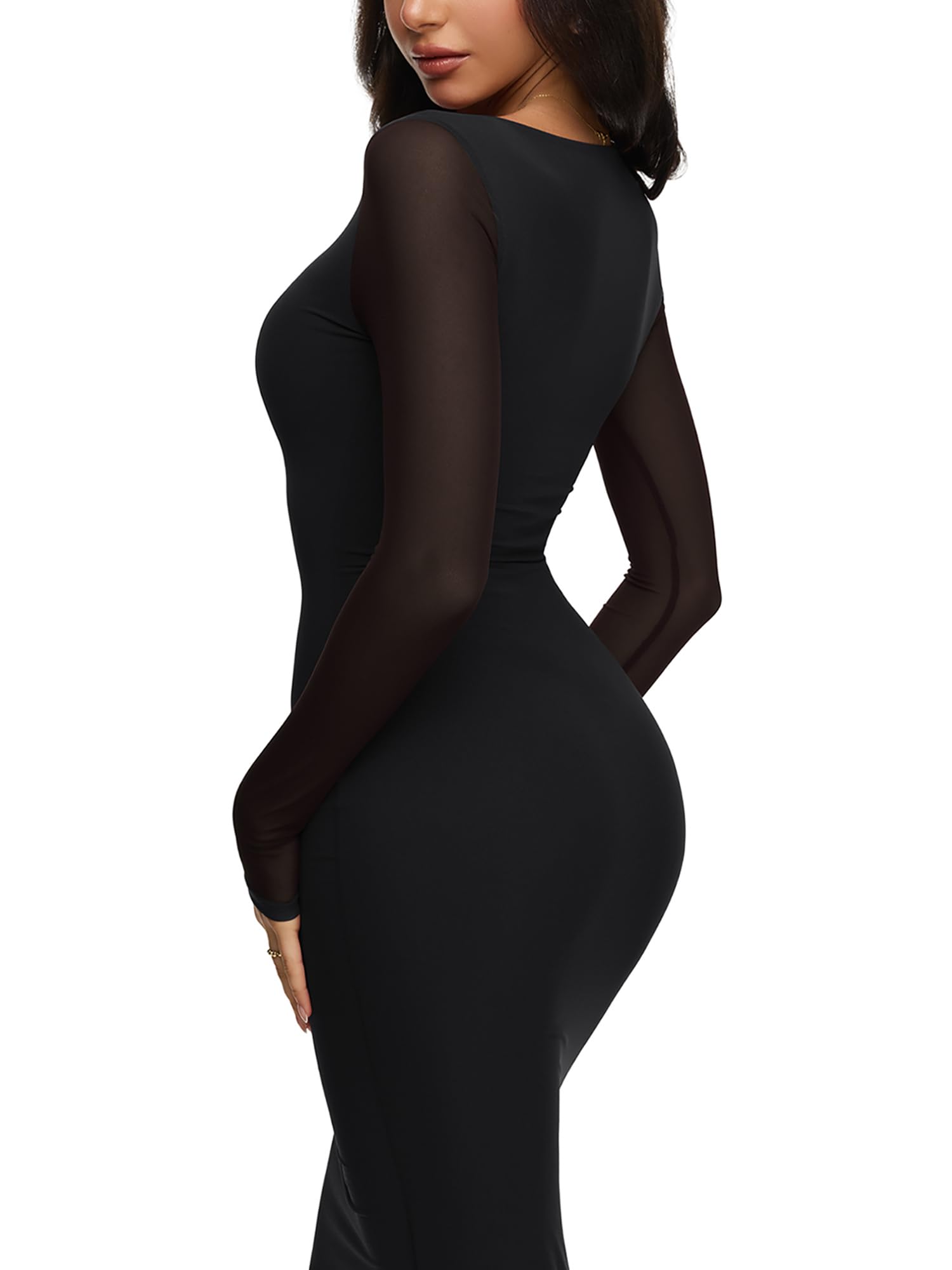 REORIA Women's Fall Mesh Sheer Long Sleeve Wedding Guest Dress Sexy Floral Bodycon Maxi Long Dresses