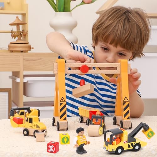 Atoylink LT232H 15Pcs Kids Wooden Construction Toys With Magnetic Train Cars, Gantry Crane Bulldozer Roller Tow Truck Construction Site Vehicles Playset Gifts thumb #5