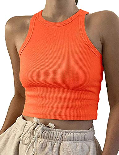 Artfish Women Casual Basic Sleeveless High Neck Rib-Knit Front Racerback Crop Tank Top (01#Orange, M) #TOP4