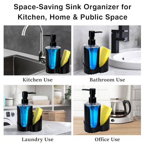 Image of Kitchen Sink Soap Dispenser Set - Dual Pump for Hand & Dish Soap, Sponge & Brush Holder, Refillable Sink Organizer (Single Black)