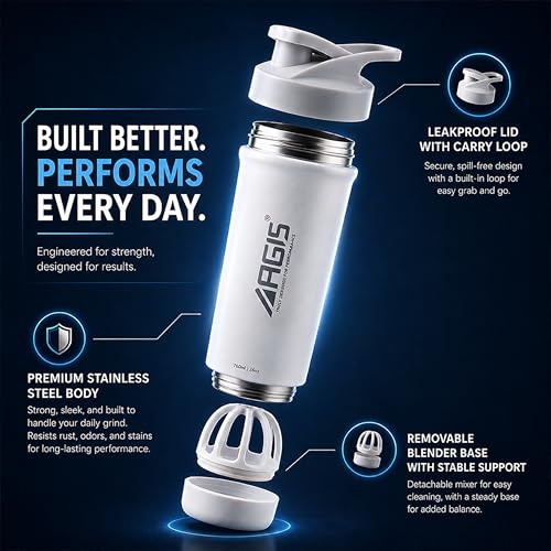 Image of AGIS Bottom's Up Premium Stainless Steel Shaker Bottle 700ml - Leak-proof mixer with bottom opener for easy cleaning. Rust-resistant, odor-free, BPA-free, dishwasher safe for gym & daily use. (White)