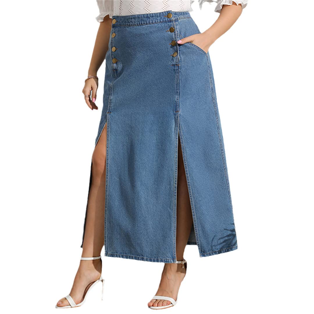 PYTRXGBO Donna Plus Size Slit Gonna Retro Vita Alta Plus Size Denim Gonna, Blu, XL
