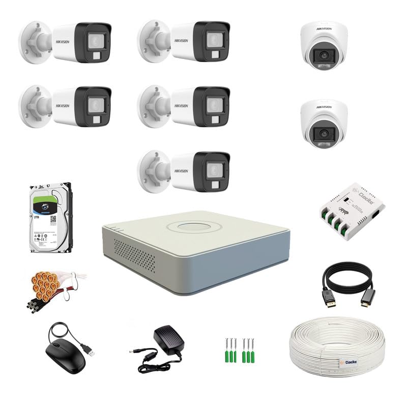 Image of Clocite HIKVISION 3K /5MP 8 Channel DVR, 3K (5MP) 2 Dome & 5 Bullet Cameras [Color Night Vision + Built-in Audio MIC + SMART Dual Light + Motion Detection] + 2 TB HDD 8 CH SMPS + CCTV Cable + BNC /DC