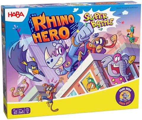 HABA Rhino-Hero: Super-Battle 3D-Stapelspiel für Kinder ab 5 Jahren | Spektakulär, Spannendes Geschicklichkeits-Spiel, Für 2-4 Personen, 2013173001