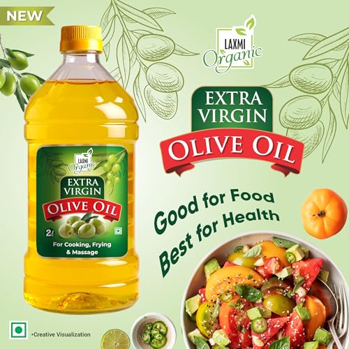 Image of LAXMI ORGANIC Extra Virgin Olive Oil 2L | Cold Pressed Jaitun Ka Tel | Pure & Natural Edible Oil for Cooking, Sauteing & Salad Dressing | Multipurpose Olive Oil for Hair, Skin & Baby Massage