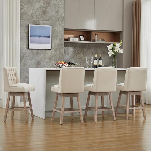 Image of 26 inch Swivel Bar Stools Set of 2, Counter Height Barstools with Back, Linen Fabric Upholstered Bar Stools, Modern Barstools Wood Legs for Kitchen Island Dining Room Bar