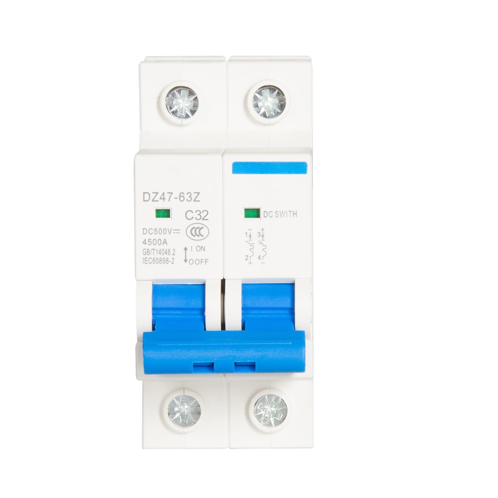 DEWIN Interruttore Automatico Miniatura,2P DC 500V 32A Interruttore Magnetotermico Fotovoltaico DC Mini Interruttore con Protezione da Sovraccarico e Cortocircuito