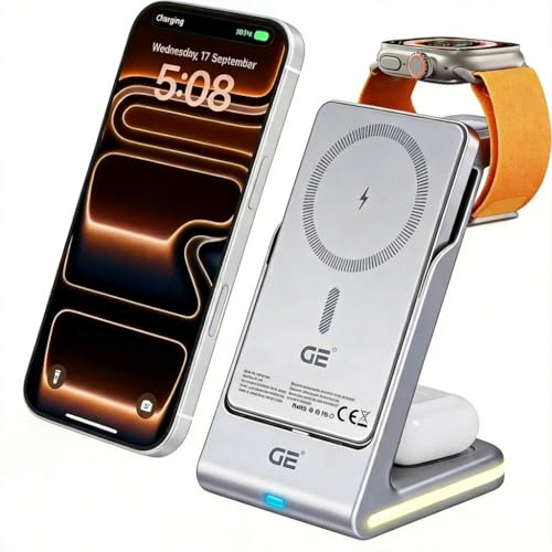 Image of GE 3-in-1 Wireless Charger Dock with 5000mAh Built-in Lithium Battery and Night Light, Compatible with iPhone 12-17 Series, Apple Watch, and AirPods 3rd Gen