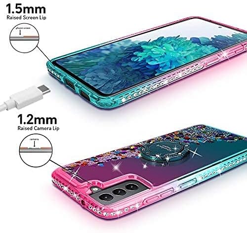 Miniatura 3 de Silverback Funda para Galaxy S21 FE 5G, funda con purpurina holográfica líquida en movimiento con soporte, anillo de parachoques de diamantes