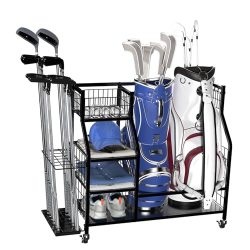 Organizador de bolsas de golf soporte de almacenamiento con ruedas para accesorios y pelotas