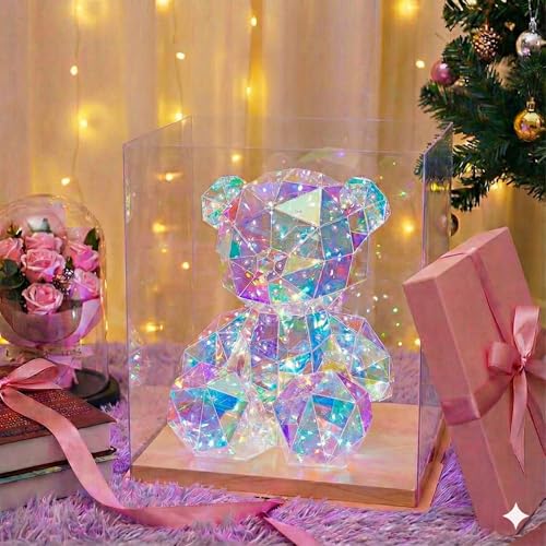 Aladdinas LED Teddy Bear Night Light, Holographic Iridescent Design, Nursery Decor Display Box with Ribbon (Bear, Medium)