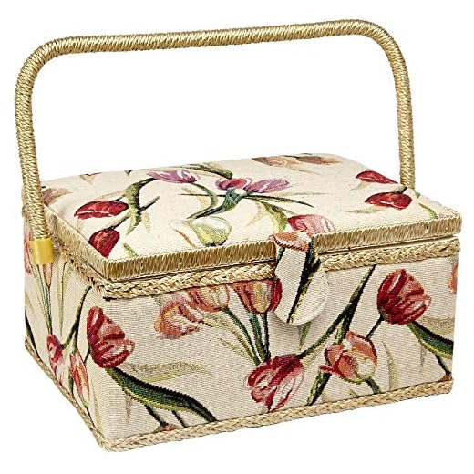 Sewing Basket with Tulip Floral Print Design- Sewing Kit Storage Box with Removable Tray, Built-in Pin Cushion and Interior Pocket - Large - 12" x 9" x 6" - by Adolfo Design
