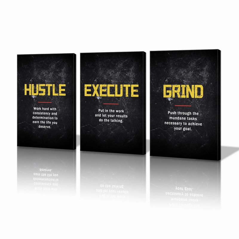 KAWAHONE Motivational Wall Art - Grind Hustle Execute Inspirational Wall Art, Framed Prints with Inspirational Quotes Ready to Hang