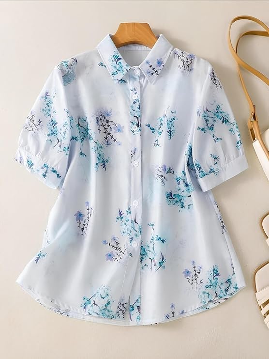 Image of Gufrina Women Floral Printed Shirt Short Sleeve Button Down Top | Casual Summer Blouse Lightweight Soft Fabric Regular Fit Stylish Top
