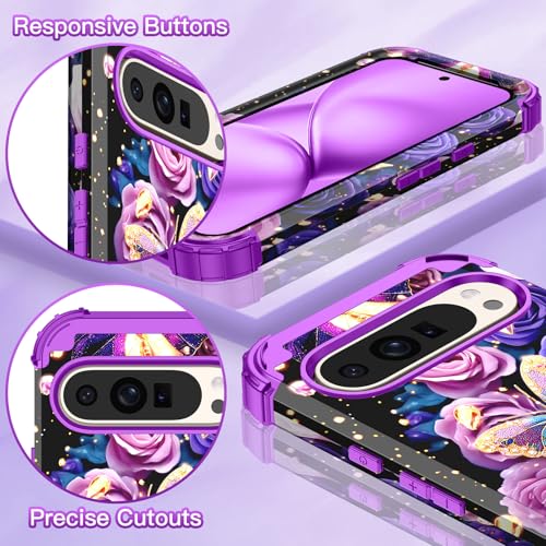 LONTECT for Google Pixel 10 Pro XL Case Floral Shockproof Rugged Heavy Duty 3 in 1 Hybrid Sturdy High Impact Protective Cover Case for Google Pixel 10 Pro XL,Glow in the Dark Lavender - image 7