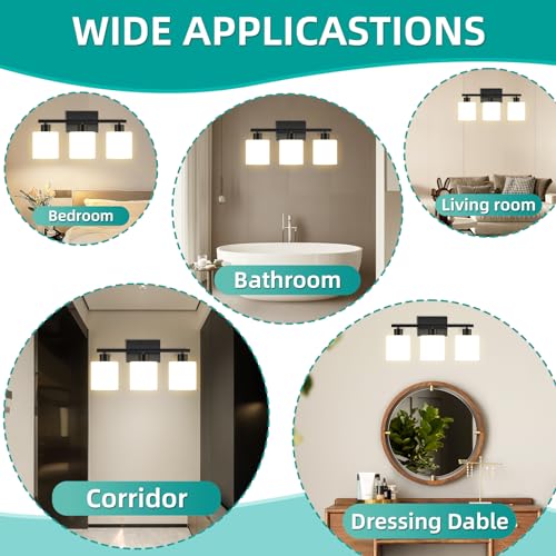 Image of CANMEIJIA 3-Light Bathroom Vanity Light Fixtures, Matte Black Vanity Wall Scones Lighting for Bedroom Living Room, Modern Vanity Lights with Milky White Glass Shades, E26 Socket, Bulbs Not Included