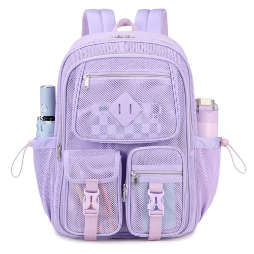 MOONBABY Mesh Backpack for School Heavy Duty See Through Net Bookbag Girls Semi-Transparent Net Back Pack for Beach, Swimming, Sports, Work, Travel (Purple)