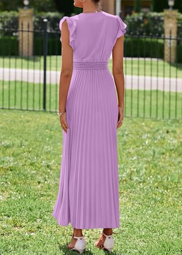 Image of KIRUNDO Women's Summer Maxi Dresses Elegant V Neck Ruffle Flutter Sleeves Empire Waist Pleated Flowy Wedding Guest Dress