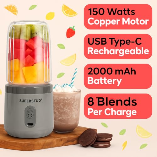 Image of Blender Mixer Grinder | Mini Blender for Smoothies & Juices | 2-Jar Capacity (400ml*2) | 45 Watts Bullet Rechargeable Portable Juicer | Auto-Stop After 40s (ash grey)