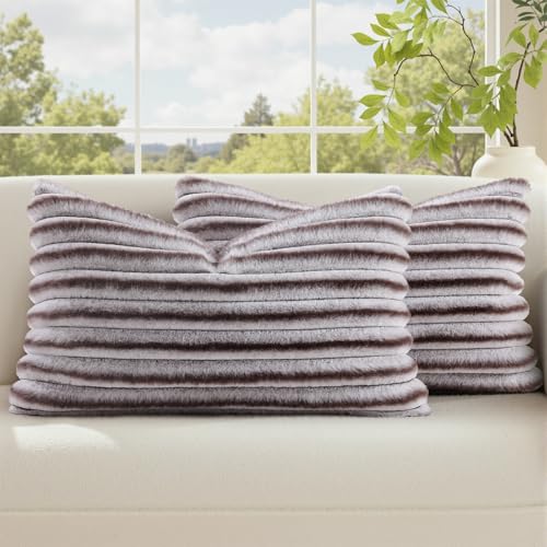 Image of decorUhome Fall Cozy Faux Fur Throw Pillow Covers 12x20 Set of 2 Decorative Soft Plush Striped Lumbar Modern Farmhouse Boho Couch Pillow Cases with Velvet Back for Sofa Bed Living Room, Brown White