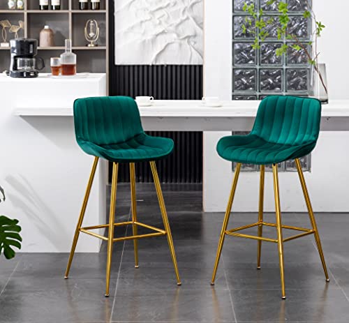 Image of Sidanli Velvet Barstools Set of 2, Green Bar Height Chairs Set of 2 with Gold Legs, 29 inch Seat Height Comfortable Island Stools with Back