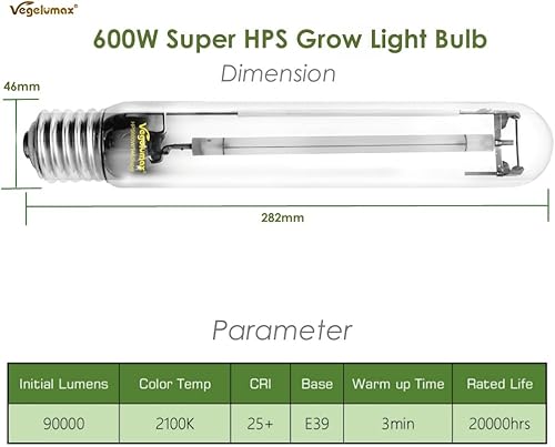 Miniatura 10 de Vegelumax Paquete de 2 bombillas hidropónicas de alta presión de 600 vatios de sodio HPS de crecimiento, espectro rojo y naranja mejorado de alto