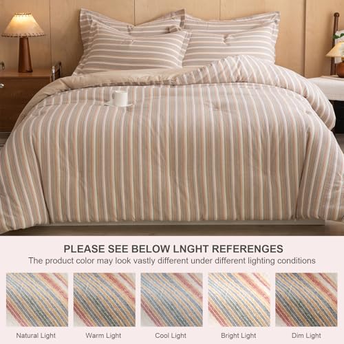 Image of 100% Cotton Comforter Set Full Size - Reversible Yarn-Dyed Stripe Design, Soft Washed Cotton on Both Sides, Lightweight All-Season Bedding, Machine Washable(Colorful Stripe, 80 inchx90 inch)