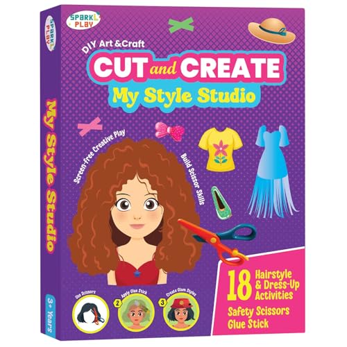 Image of SparkLPlay Craft Kit for Kids - DIY Scissor Skills Activity Set - with 18 Hairstyle & Dress-up Crafts for Girls Ages 3+ (My Style Studio)