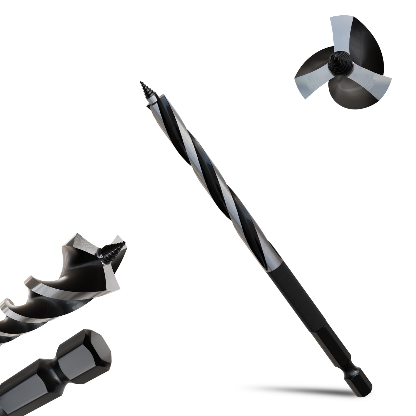 METOTY 6mmx155mm Auger Drill Bit Extra Long Drill Bits,6.35mm Hex Shank for Wood with Quick Change - 3-Cutter Design with Dual-Flute for Fast Chip Removal, Fits Hardwood, Softwood, PVC, Drywall — image 1