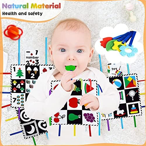 beiens Tummy Time Baby Activity Mats with Mirror ,Teether, Black and White High Contrast Baby Toys, Sensory Play Mat for 0-6-12-18 Months Baby, Car Seat Stroller Toys, Newborn Toys Gift Set-Pack of 4