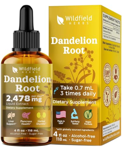 WILDFIELD HERBS 4 Oz Dandelion Root Extract Liquid Drops - Liver & Kidney Support | 2 Month Supply | - Made in USA - Liver Support Supplement - Alcohol & Sugar Free