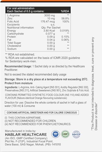 Image of L-Arginine Powder Sachet, Supports Muscle Pump, Stamina & Workout Performance, Sugar Free, Orange Flavour, 65g (Pack of 10 Sachets)
