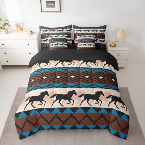 Image of Erosebridal Black Galloping Horse Bed in a Bag King Size Comforter Set 7-Piece | Western Bedding Sets Exotic Aztec Comforter and Sheet Set, Nordic Style Boho Tribal Wild Animal Room Decor,Blue Brown