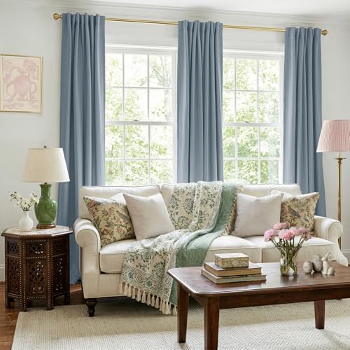 Image of 100% Blackout Shield Dusty Blue Linen Blackout Curtains for Bedroom 102 Inches Long, Back Tab /Rod Pocket Living Room Drapes, Thermal Insulated Blackout Curtains 2 Panels Set, 50 inch W x 102 inch L
