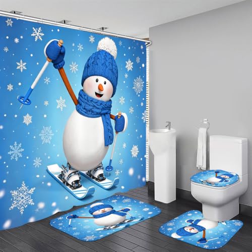Chrainy 4Pcs Christmas Snowman Shower Curtain Sets Blue Bathroom Decor