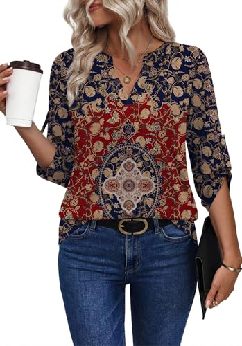 Image of XIEERDUO 3 /4 Length Sleeve Womens Tops V Neck T Shirts Both Side Buttons Blouses Business Casual Outfits Loose Fit