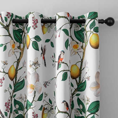 Image of MYSKY HOME Floral Curtains 95 Inch Long for Living Room Vintage Farmhouse Room Darkening for Dining Room Bedroom Lemon Hummingbird Patterned Thermal Insulated Drape, 2 Pcs, W52, Greyish White