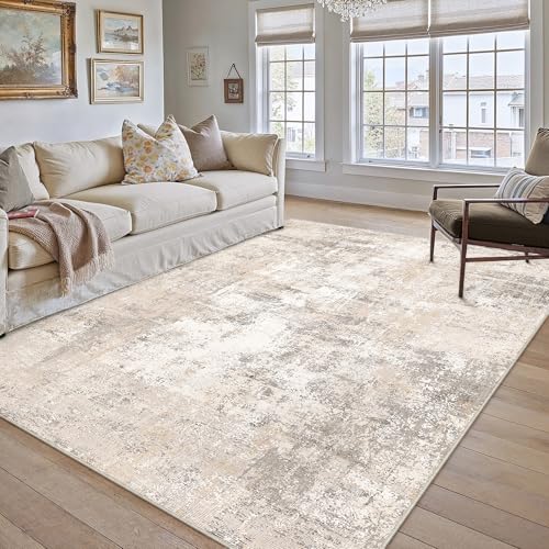 8x10 Washable Area Rug Beige Grey Abstract Living Room Bedroom Carpet Neutral Modern Non Slip Soft Low Pile Indoor Large Throw Rug for Dining Room Office
