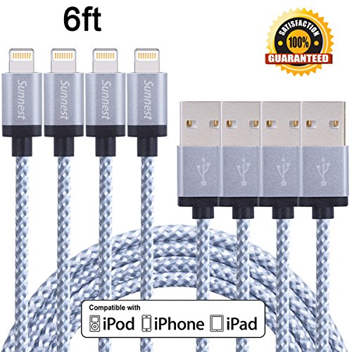 Sunnest iPhone Cable, 4 Pack 6FT Lightning Charger Cord Nylon Braided for iPhone 7, 7 plus, SE, 6s, 6s plus, 6plus, 6, 5s 5c 5, iPad Mini, Air, iPad 5, iPod on iOS9