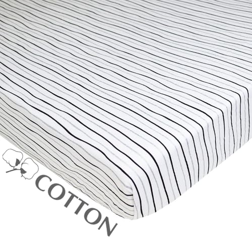 Image of American Baby Company 100% Natural Cotton Fitted Pack and Play Sheet 39 inch x 27 inch - Soft & Breathable Pack N Play Sheet for Playpen, Playard & Mini Crib Mattress, Silver Black Stripe, for Boys & Girls
