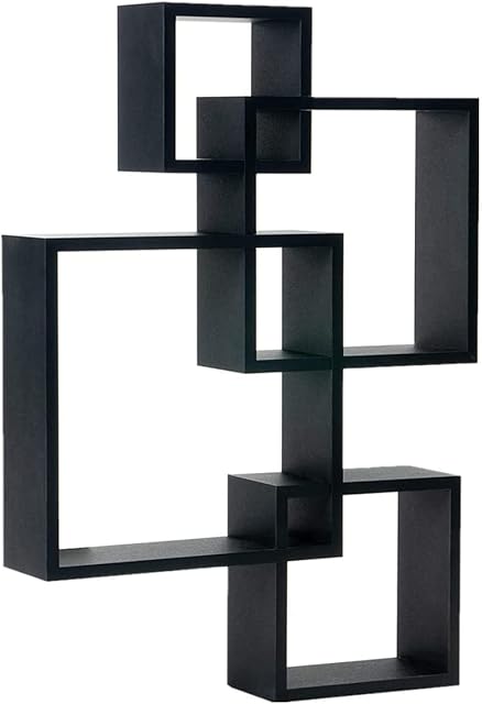 Set of 4 Square Black Floating Wall Shelves Decoration Wood Wall Mounted Large Storage Hanging Shelf for Photo Living Room Bedroom Office Bathroom Kitchen Home Laundry Room Modern Display Rack