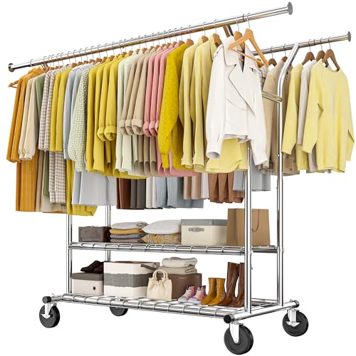 Raybee 74" W Heavy Duty Clothes Rack, Double Rods Clothing Rack Load 630 LBS, Rolling Clothes Racks for Hanging Clothes 400+, Garment Rack for Bedroom, Laundry Room, Retail Store