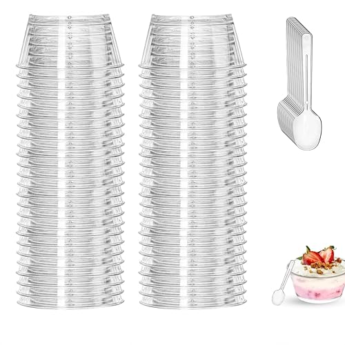 Linjhokbs 50 Mini Dessert Bowls with Spoons,Reusable Party Serving Bowls，bpa-Free，for Parties, Birthdays, Puddings, Yogurt and Ice Cream（140ml）