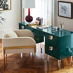 Vandana Interiors Green Modern Wood Makeup Vanity Acrylic Clear and Gold Dressing Table