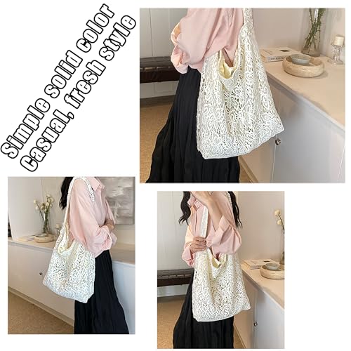 Crochet Tote Bag, Blanco, Unisex, Playa, 16.9 pulgadas (An) x 14.9 pulgadas (Al), Algodón, Ribete de PU, Bolso de hombro de encaje miniatura 2