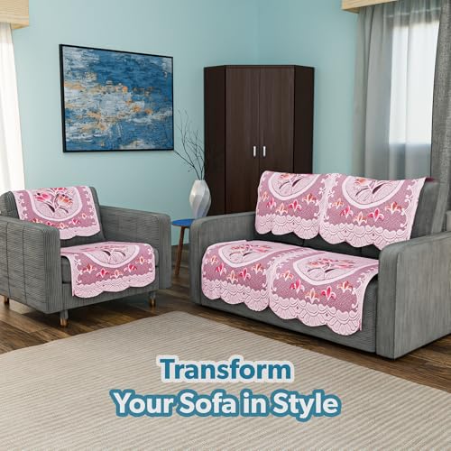 Image of Kuber Industries (Set of 6) Stylish & Durable Cotton Sofa Covers 2+1 Seater | Aesthetic Sofa Protector /Mat & Slipcover for Living Room & Office | Flower Design - White & Pink