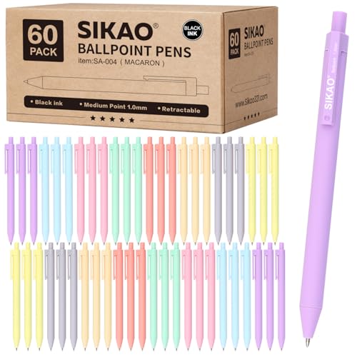 Sikao Pastell Kugelschreiber, 60 Stück – Druckkugelschreiber mit schwarzer Tinte, 1,0 mm Medium Spitze, Sanftes Schreiben ohne Verschmieren, ruhige Farben für Schule & Büro