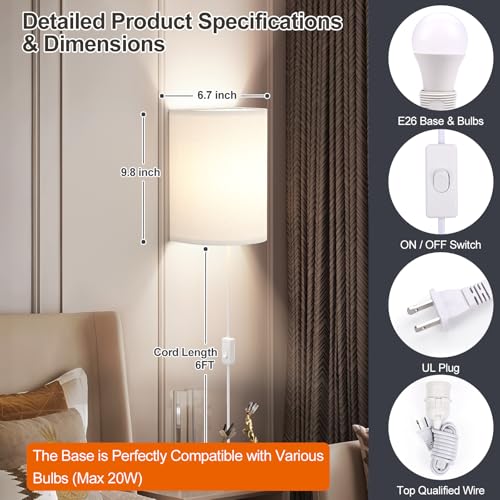 Image of Plug in Wall Sconces Set of Two: Wall Lights with On /Off Switch - Stepless Color Temperature Wall Mount Lamps - Fabric Linen Wall Sconce for Bedroom Living Room & Hallway- Indoor Corded Wall Sconces