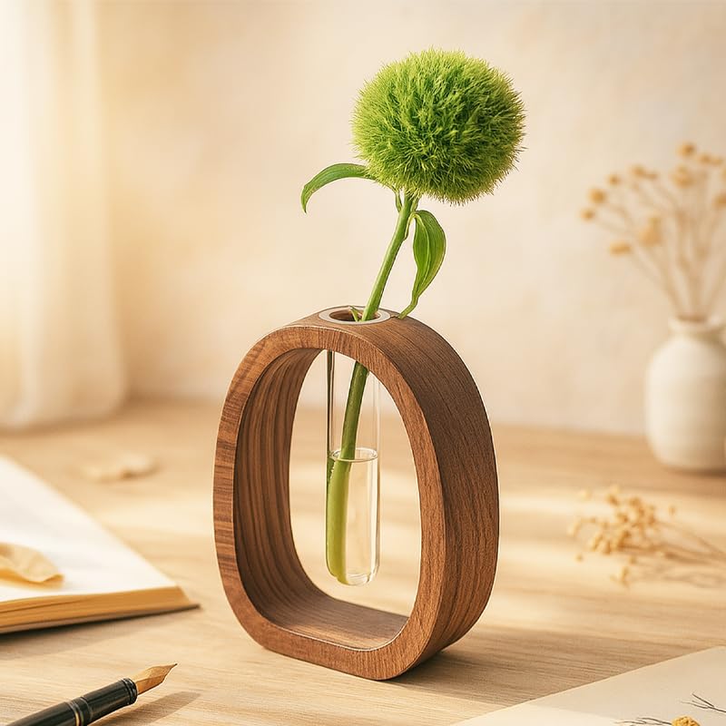 kenwosin Mini Hydroponic Vase with Walnut Wood Stand, 2.8 x 1.6 x 3.7 inch Glass Propagation Station for Terrarium Plants, Desk Plant Holder Gift for