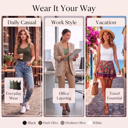 Image of Lasnten 4 Pcs Women's Lace Cami | Ribbed Cami Top Lacework Undershirt Patchwork Tank Lace Trim Cami Lightweight Long Under Tank Tops for Women